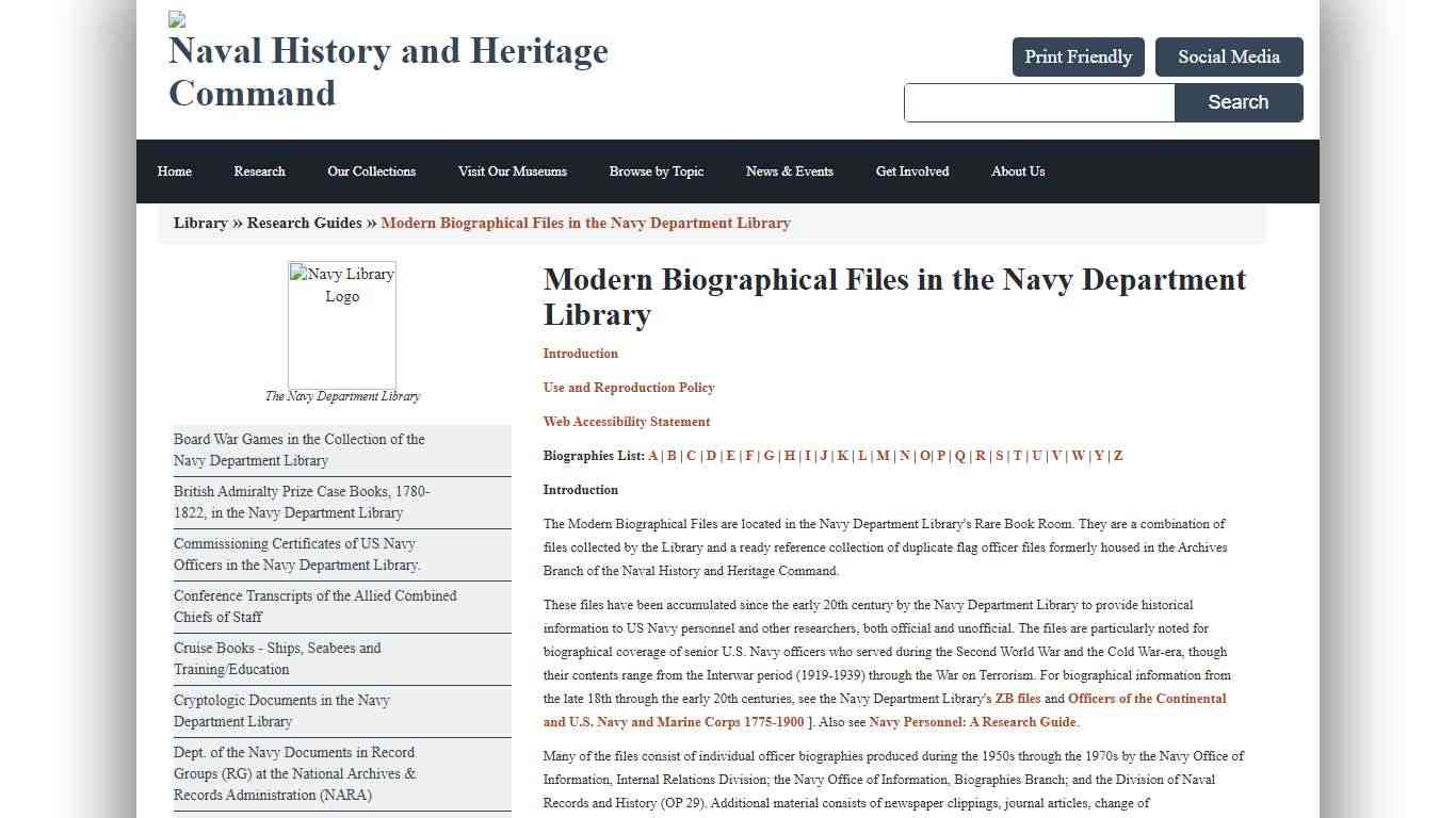 Modern Biographical Files in the Navy Department Library